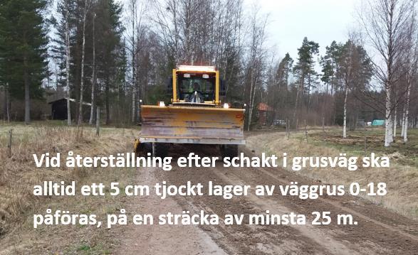 Under arbete 5.8 Grusvägsbeläggning Ledningsägaren ansvarar för all återställning av grusvägsbeläggning. Slitlager utförs enlig senaste utgåva av Mark AMA och ATB VÄG.