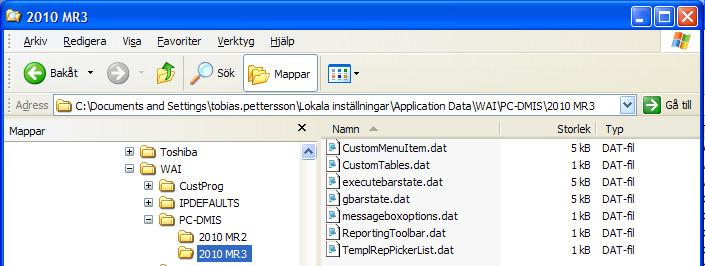 Mätspetsfiler hamnar i en mappstruktur under delade dokument. Denna mapp blir även standardmapp för subrutiner, sparade uppriktningar och mätprogram.