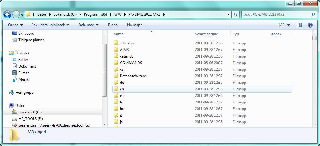 Var filerna hamnar, Svensk 64-bitars Windows 7 Installationsmapp, exempel: C:\Program Files (x86)\wai\<pc-dmis