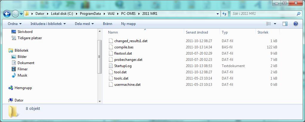 mappstrukturen under katalogen ProgramData. Exempel C:\ProgramData\WAI\PC- DMIS\2010 MR2. En ev. skapad USRPROBE.