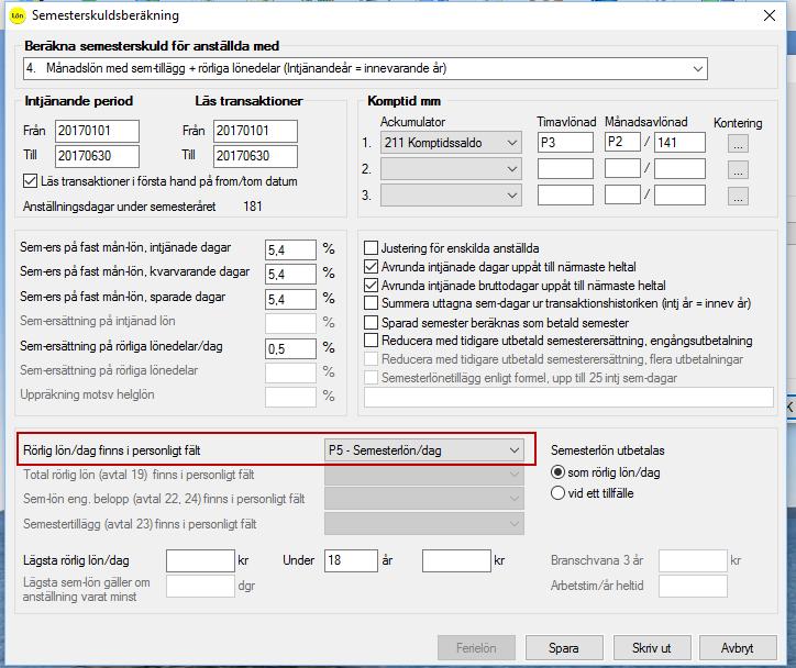 2. Varför kommer den rörliga semesterlönen med på semesterskulden fastän den redan är utbetald? Om du tar bort P5 Semesterlön/dag i fältet Semesterlön (alt.