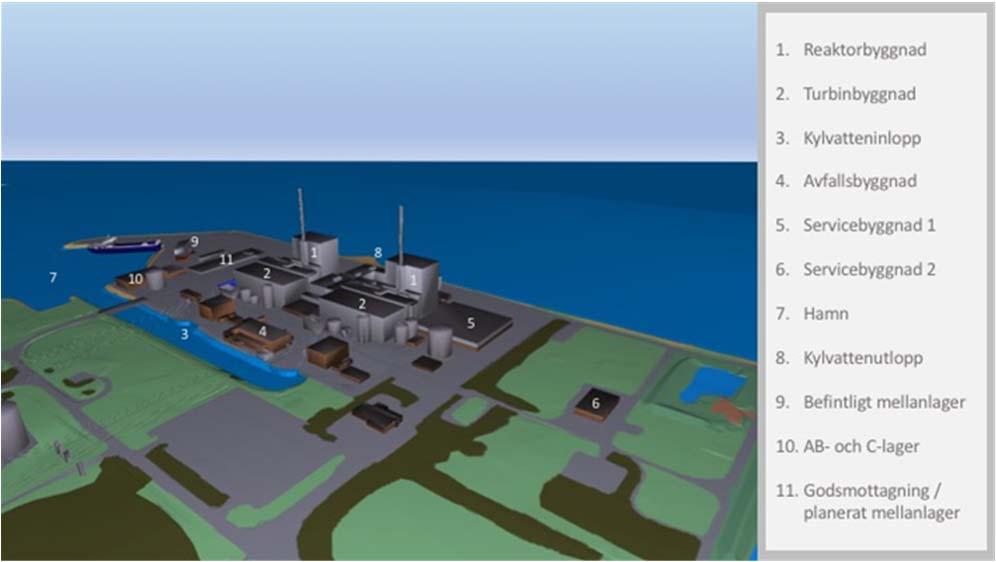 5 ÖVERSIKTLIG BESKRIVNING AV BARSEBÄCKS KÄRNKRAFTVERK De två kokvattenreaktorerna B1 och B2 är sammanfogade via elbyggnader, kontrollrum och personalbyggnader och dessutom är ett antal processystem