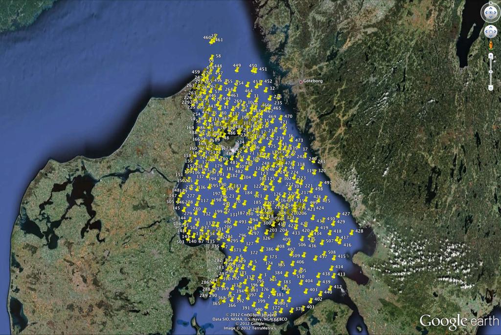 Lokalerna plottade i Google earth (förutom ett antal lokaler ej geokodade söder om