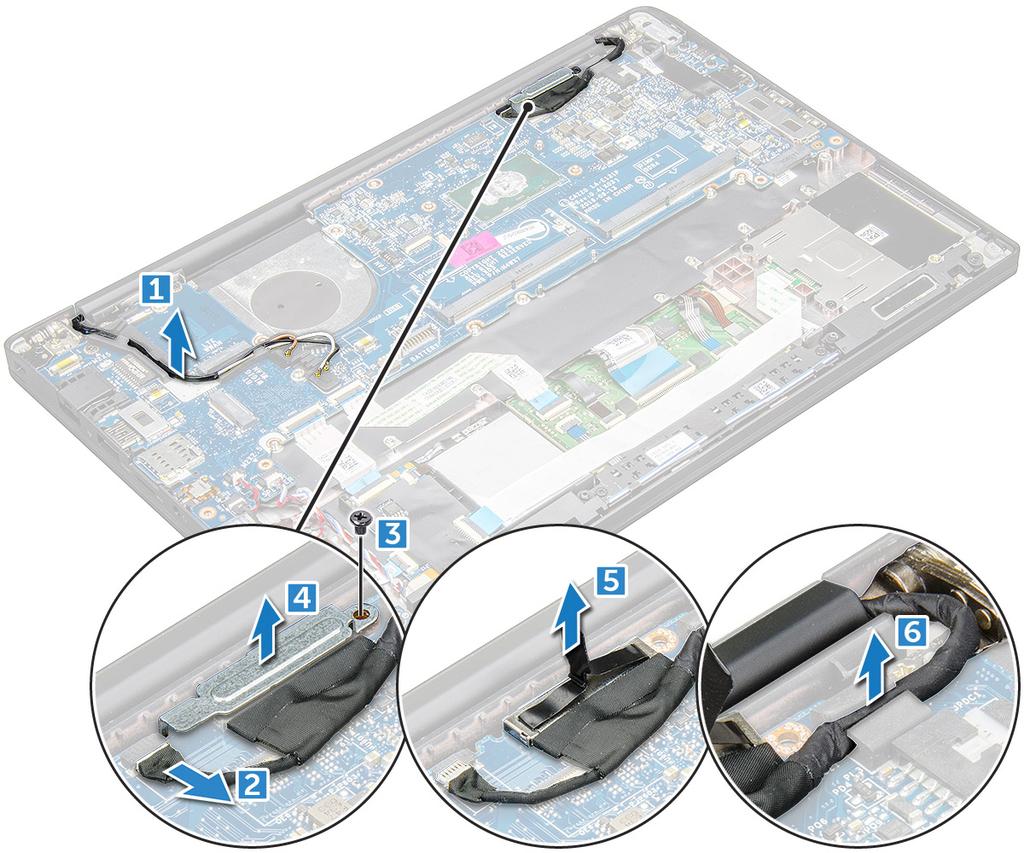 5 Koppla bort kablarna genom att: OBS: För att koppla bort portkablarna för högtalaren, LED-kortet, knappcellsbatteriet och strömkontakten använder du en plastrits för att lossa kablarna från