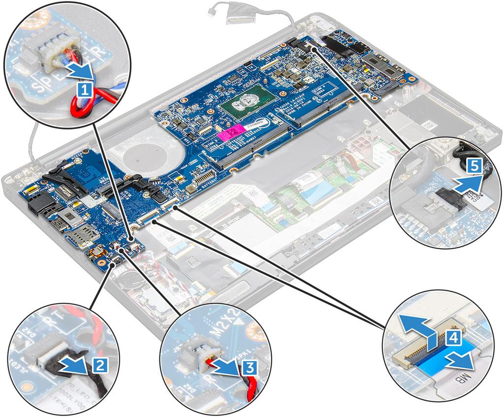 6 Ta bort moderkortet genom att: a Ta bort USB Type-C-fästet. Bilden visar inte hur du tar bort USB Type-C-fästet.