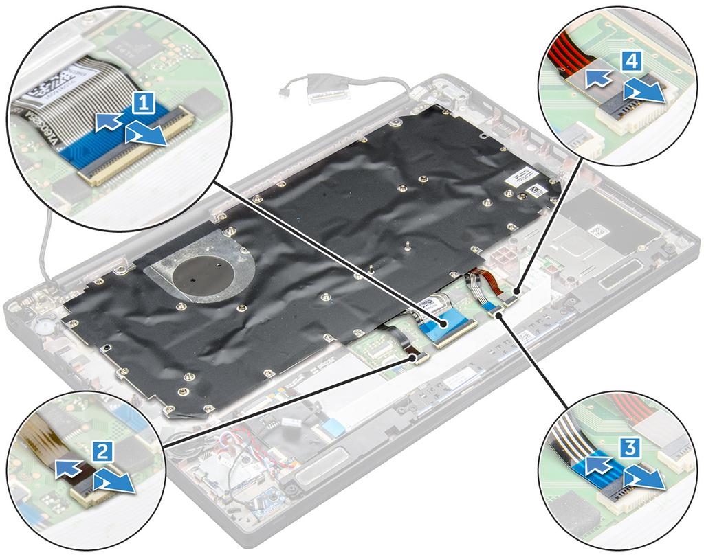 b c d e f g h batteriet minnesmodul PCIE SSD-kortet WLAN-kort WWAN-kortet kylflänsenhet moderkort 3 Koppla bort kablarna från handledsstödets ände: a tangentbordskabel [1] b kabel till tangentbordets