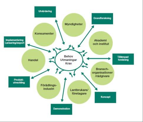 Figur 3. Innovationshjulet för lantbruk och trädgård från forskning till implementering. Hjulet drivs av marknadens och samhällets utmaningar, behov och krav.