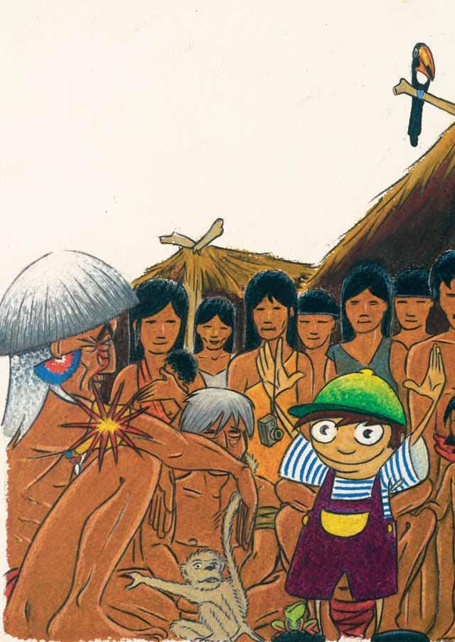 Vännerna har hittat kayakofolket! Rosa är ifrån sig av lycka. Tom ställer sig mitt i byn och människorna samlas runt honom.