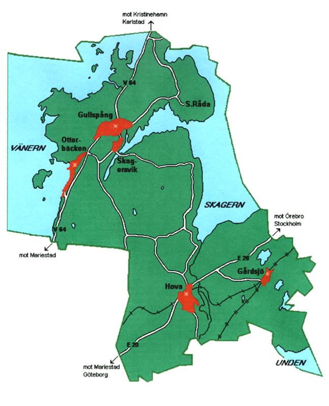 2 Gullspångs kommun 2.1 Geografi och folkmängd Gullspångs kommun ligger öster om Vänern. I kommunen bor cirka 5 200 personer. Kommunen har två huvudtätorter, Gullspång och Hova.