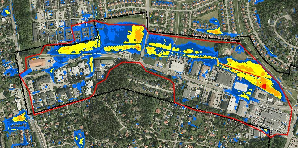 3.3.1 Enhagsparken Fokusområdet Enhagsparken ligger i västra delen av Täby Stadskärna och karakteriseras av en lågt belägen park norr om en asfaltsväg, med ett industriområde söder om asfaltsvägen,