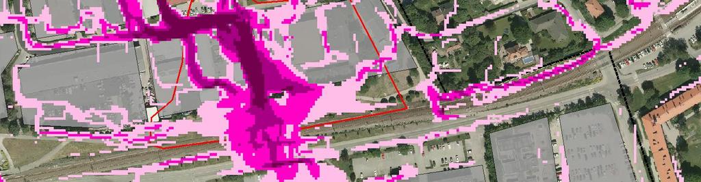 Total översvämmad yta med över 0,1 meters vattendjup uppgår till 0,8 ha och översvämningsvolymen till 4000 m 3.