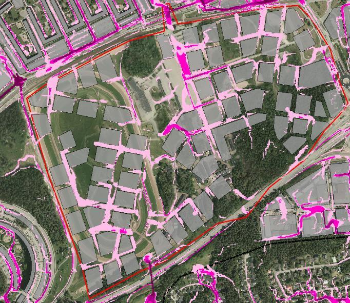i sydvästra delen av Täby Park. I Figur 24 visas även rinnvägarna, vattnet kommer i huvudsak från de hårdgjorda ytorna inom det framtida bostadsområdet Täby Park.
