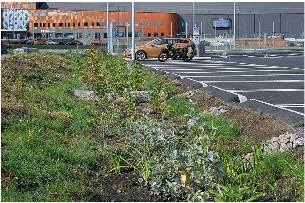 Istället för att leda ner dagvattnet i brunnar från parkeringen kan lutningen istället skapas ner mot utkanterna av parkeringsplatserna.