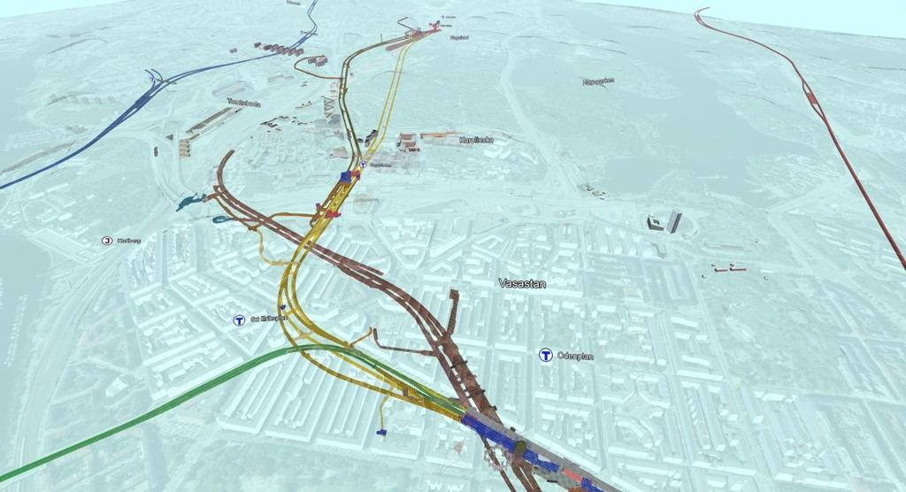 Gula linjen och Citybanan För att få en bättre översikt över hela anläggningen i detta projekt utvecklas, parallellt med de olika NavisWorks samordningsmodellerna, en övergripande samordningsmodell