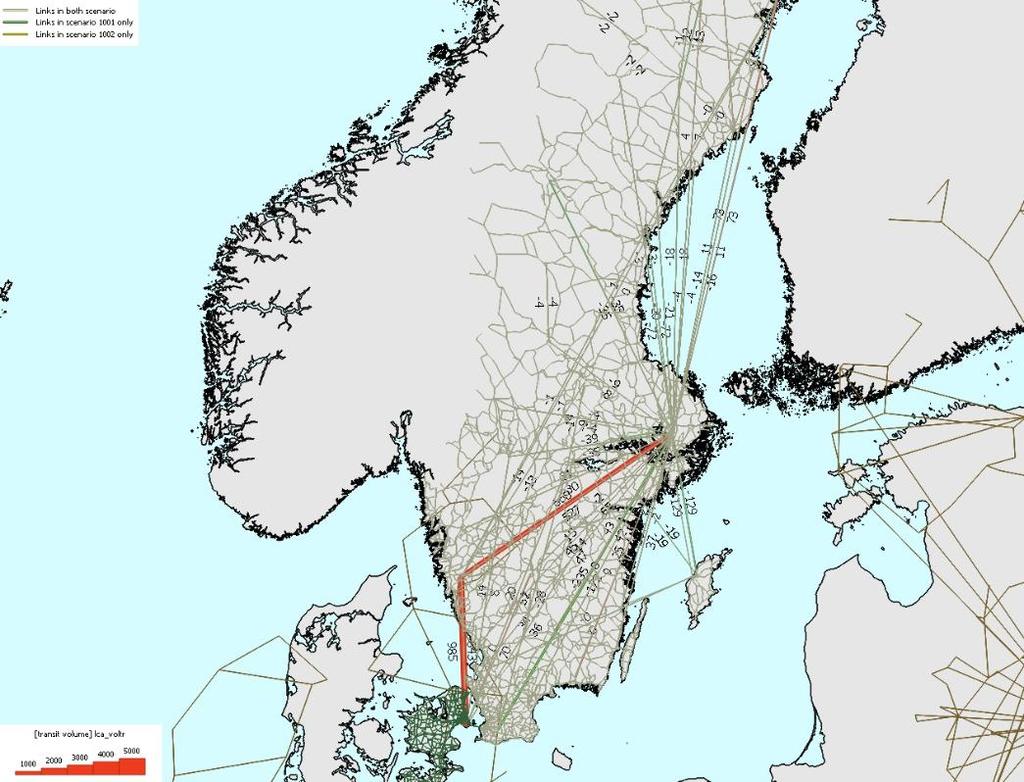 Figur 20 Absolut differens långväga flygresor Buss Den absoluta skillnaden mellan bussresandet i den kalibrerade Öresundsmodellen och tidigare prognosmodell visas i Figur 21 och Figur 22.