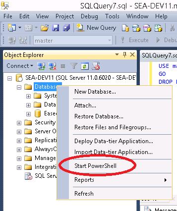 38 Steg 4: Högerklicka på Databases i Object Explorer, välj alternativet Start PowerShell.
