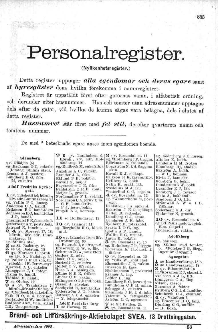 '833 Personalregister. (N yfi kenhetsreg ister.) Detta register upptager alla egendomarr och deras eaare samt af hyrresgiistm' dem, hvilka förekomma i namnregistret.