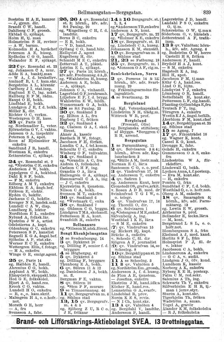 Bellmansgatan - Bergsgatan. Bestsöm a: ArE, kamrer 126, 26.A qv. ~osendal 14 & 16 Bergsgrufv. st. Lagerström J D, handl - J, gyron. dir. st. 3; hörnh., afv. adr.