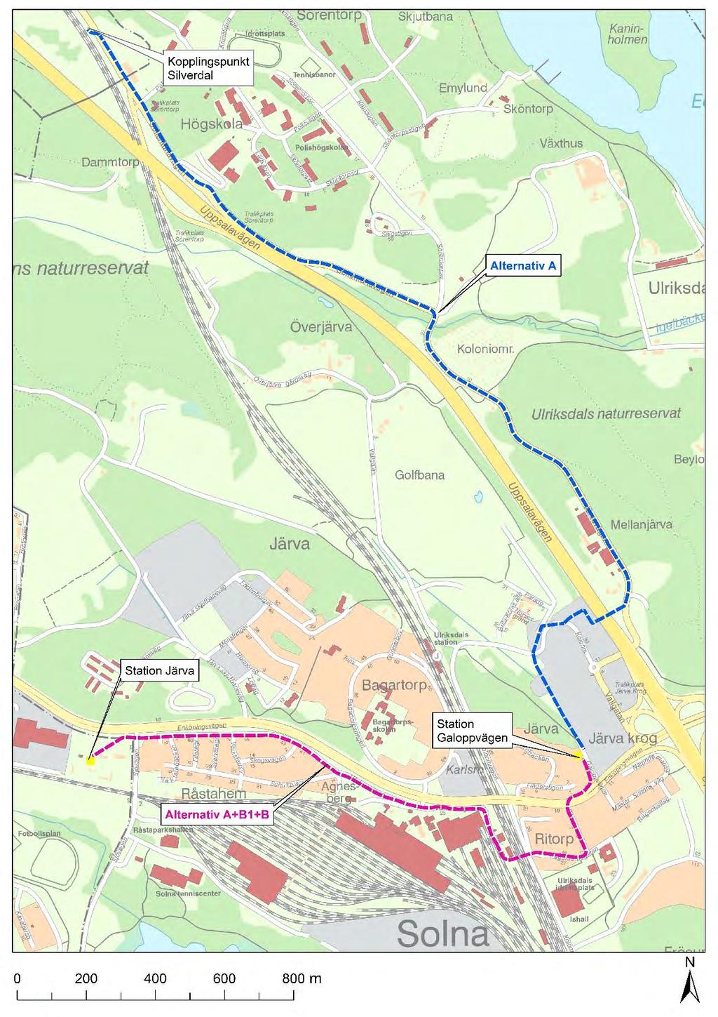 4 Valda alternativ Ett flertal alternativa sträckningar har utretts för delprojekt Järva. Mot bakgrund av genomfört samråd, se avsnitt 2.