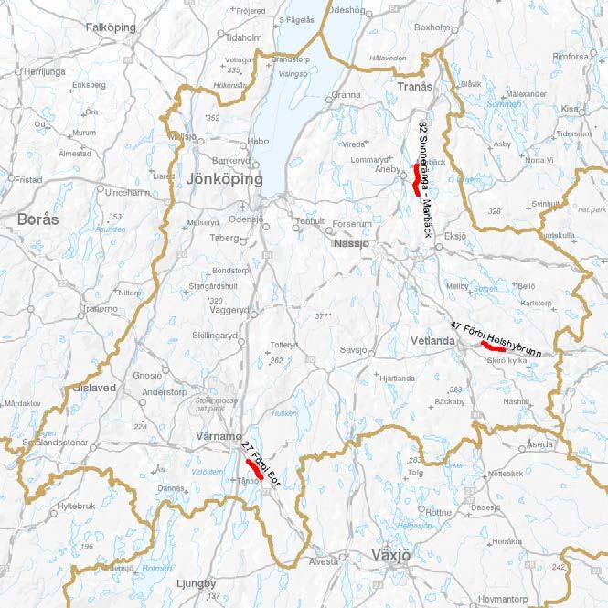 Regional plan Jönköpings län 2014-2025 47 Förbifart Holsbybrunn Mötesseparering 2+1. Totalkostnad 135 mnkr, ÖFT 2015 47 Vetlanda-Sjunnen Mötesseparering 2+1. Totalkostnad 54 mnkr.