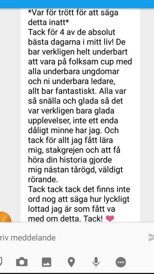 Detta skickade hen till en av våra ledare efter Folksam Cup. Tror ni att hen är mer eller mindre benägen att fortsätta att åka skidor efter denna upplevelse? 3.