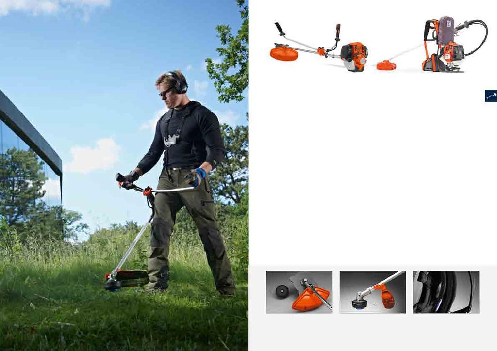 GRÄSRÖJARE OCH TRIMMERS 35 HUSQVARNA 524R Gräsröjare för både trimning och röjning av högt gräs. HUSQVARNA 553RBX Ryggburen gräsröjare som underlättar arbetet i sluttande terräng.