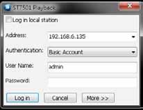 Konfiguration av ST7501 Playback Aktivera ST7501 Playback 1. Efter installationen, kör ST7501 Playback-programmet. 2. Ange VAT-serverns IP-adress, användarnamn, lösenord och kommunikationsport. 3.