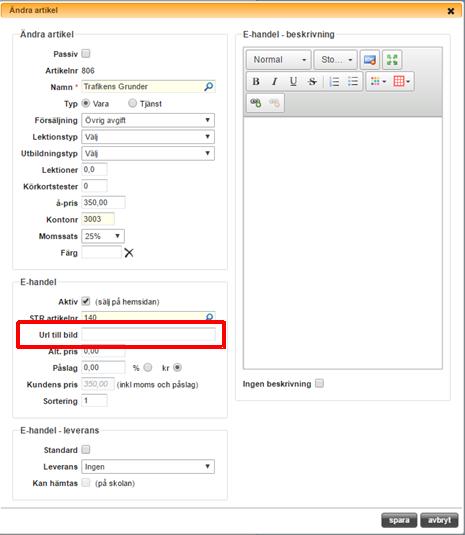 1 LÄGGA TILL BILD I E-HANDELN På produkter och kurser i e-handeln kan man lägga till en bild. Det gör man genom att i astra WEB lägga till en URL (webbadress) på produkten eller kursen.