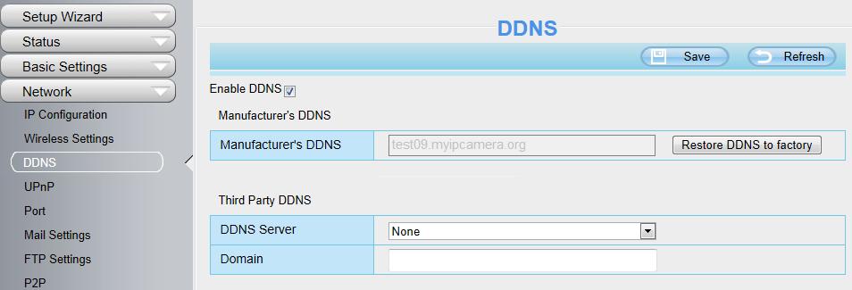 Klicka i Aktivera DDNS och sedan Spara Skall en tredjeparts-ddns användas fylls aktuella uppgifter i under Tredjeparts DDNS 3.
