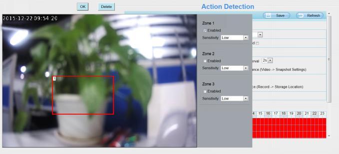 Inställning av detektions-zon: Klicka här för att ställa in vilka zoner kameran kommer reagera på, de