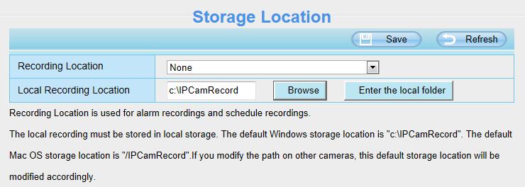 4.6 Inspelning 4.6.1 Lagringsplats Inspelningsfilväg: Här väljer du hur kameran ska spara videolarm. SD-kort: Sparar larmvideo på kamerans SD-kort. FTP: Laddar upp larmvideo till förvald FTP-server.