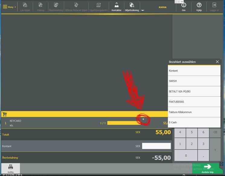 Olika betalningsmedel För kontant betalning tryck Avsluta köp