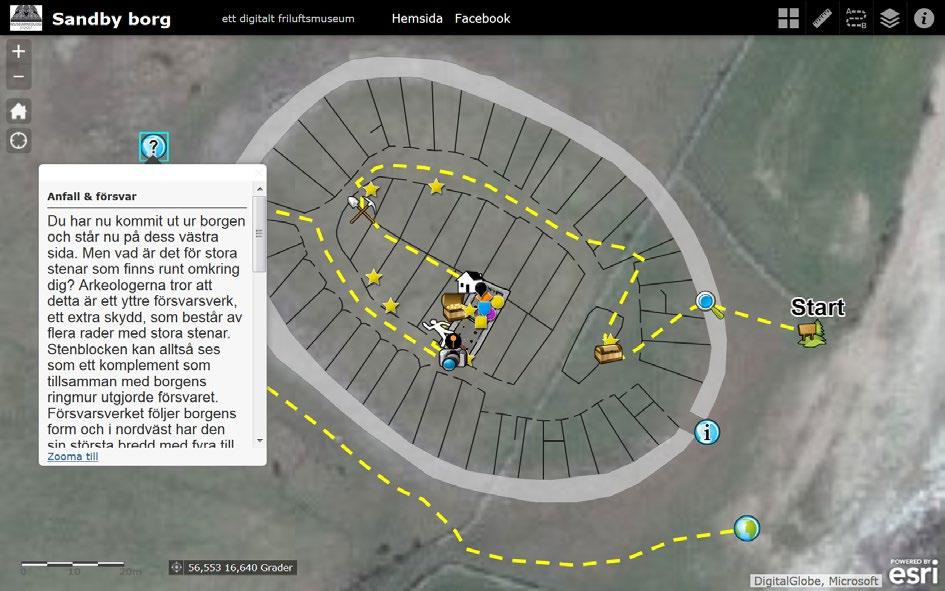 Story maps för berättelsen Bild av den webbkarta som ger en guidad tur om Sandby borg. För att göra datan meningsfull vid kommunikation kommer den att läggas in i story maps, d.v.s. interaktiva webbkartor som är konstruerade för story telling.