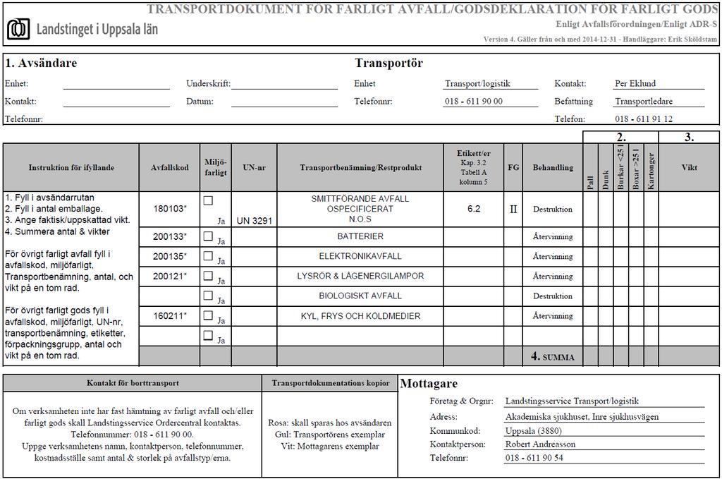 Bilaga 1: Blankett för intern transport av farligt avfall Förtryckt blankett för intern transport av farligt avfall inom landstinget, då Transport/logistik,