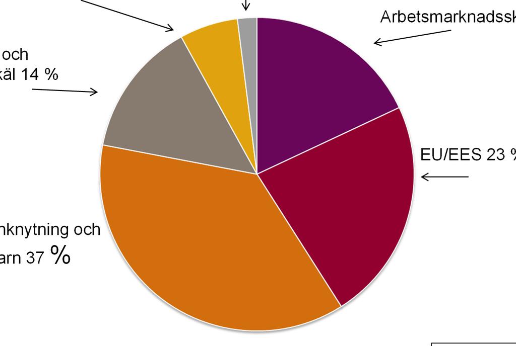 Uppehållstillstånd 2012 Gäststuderande 6 % Kvotuttagna 2 % Arbetsmarknadsskäl 18 % Flykting-