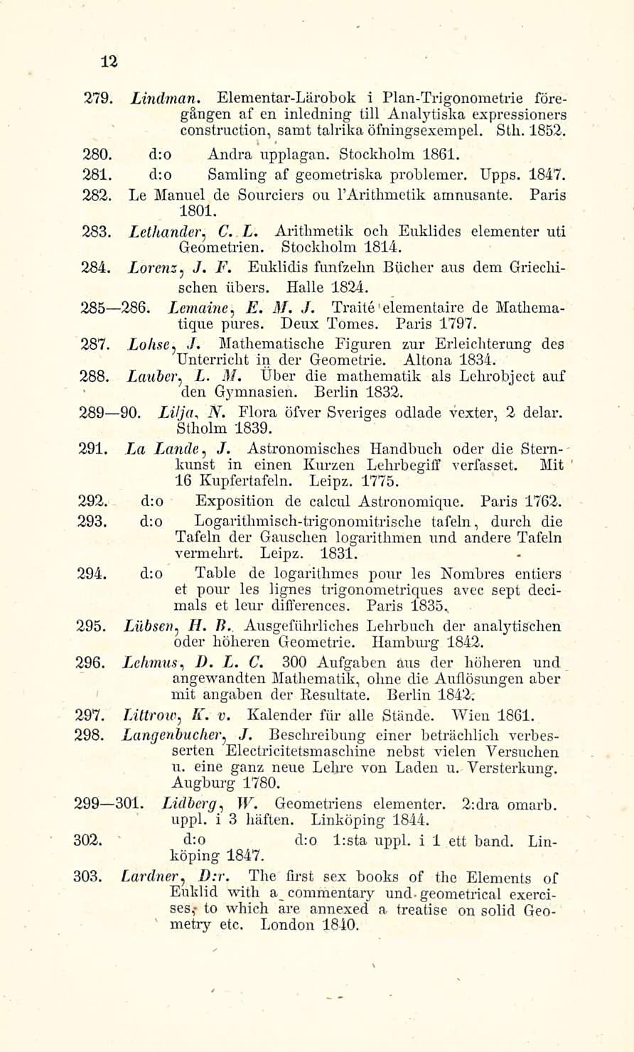 N. 12! 279. Lindman. Elementar-Lärobok i Plan-Trigonometrie föregängen af en inledning tili Analytiska expressioners construction, samt talrika öfningsexempel. Sth. 1852. 280. d:o Andra upplagan.