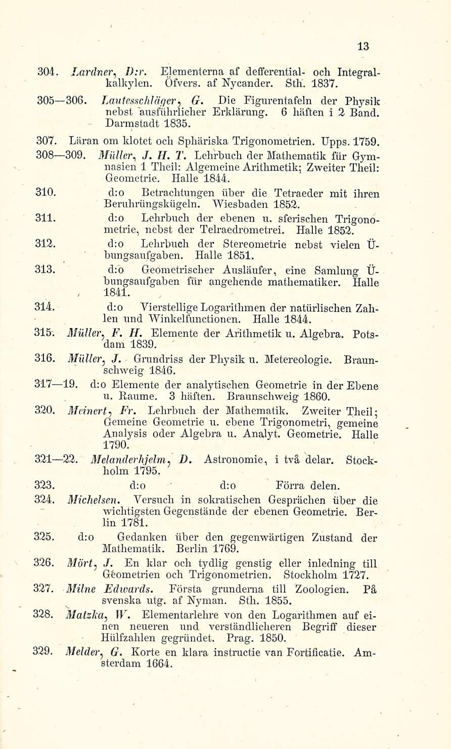 304. Lardner, 7>;r. Elementeillä af deffcrential- och Integralkalkylen. Öfvers. af Nycander. Sth. 1837. 305 306. Lautesschläqer, G. Die Figurentafeln der Physik nebst ausfiihrlicher Erklärung.