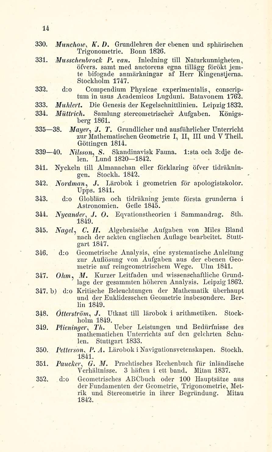 P. 14 330. K. D. Munchow, Grandlehren der ebenen und sphärischen Trigonometrie. Bonn 1826. 331. Musschenbrock P. van. Inledning tili Naturkunnigheten, öfvers.