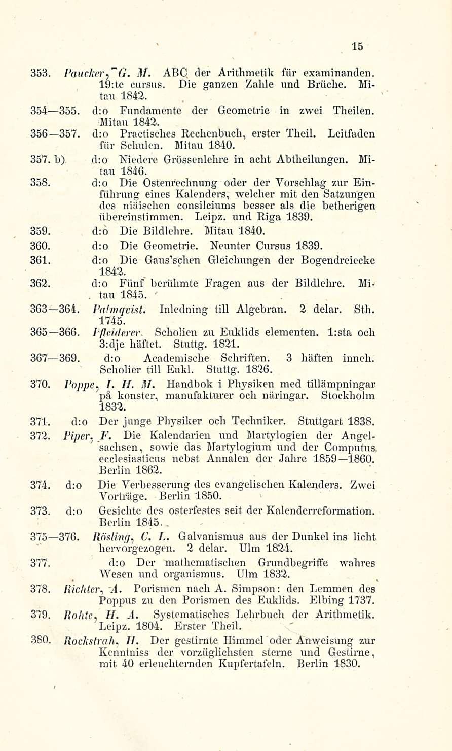 353. hmckcrg. M. ABC der Arithmetik fiir examinanden. 19:te cursus. Die ganzen Zahle und Briiche. Mitan 1842. 354 355. d:o Fnndamente der Geometrie in zwei Theilen. Mitan 1842. 356 357.