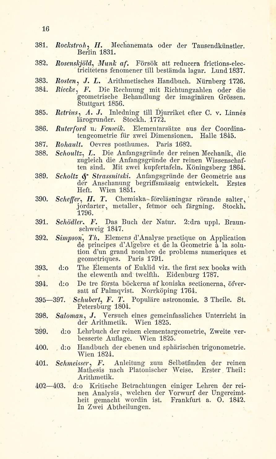 16 381. Rockstroh. H. Mechanemata oder der Tausendkiinstler. Berlin 1831. 382. RosensJijöld, Munk af. Försök att reducera frictions-electricitetens fenomener tili bestämda lagar. Lund 1837. 383.