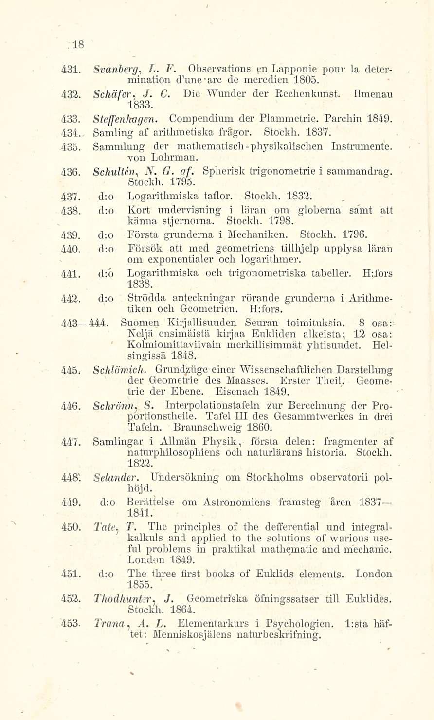 arc 18 431. L. F. Observations en Svanberg, Lapponie poni- la determination d une de meredien 1805. - 432. Schäfer J. C. Die Wunder der Eechenkunst. Ilmenau 1833., 433. Steffenhagen.