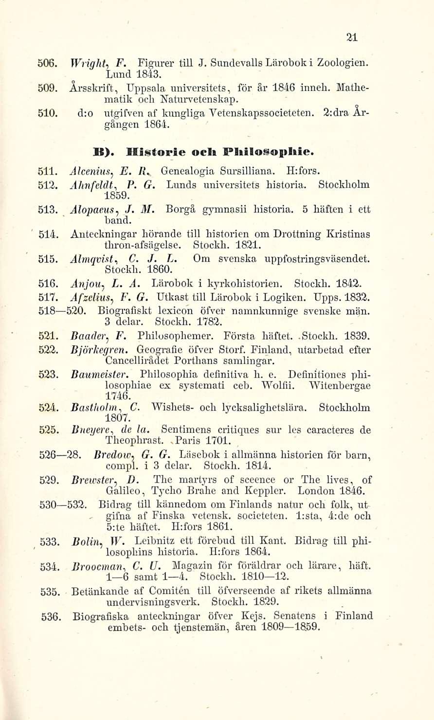- gifna 21 506. Wright, F. Figurer tili J. Sundevalls Lärobok i Zoologien. Lund 1843. 509. Arsskrift, Uppsala universitets, för är 1846 inneh. Mathematik ocli Naturvetenskap. 510.
