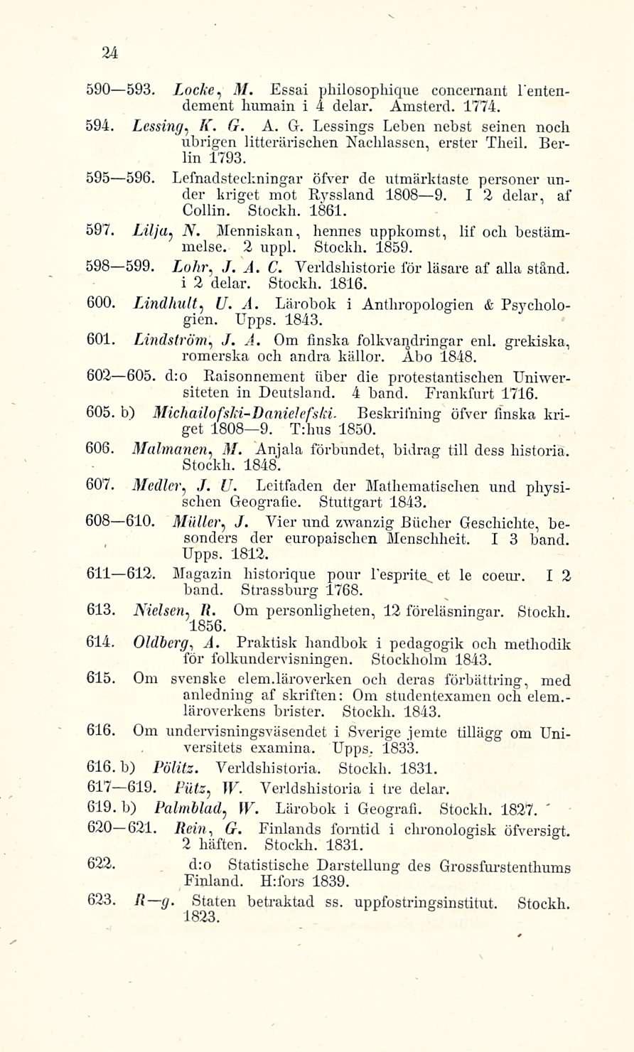 24 590 593. Locke, M. Essai philosophique concernant I'entendement humain i 4 delar. Amsterd. 1774. 594. Lessing, K. G.