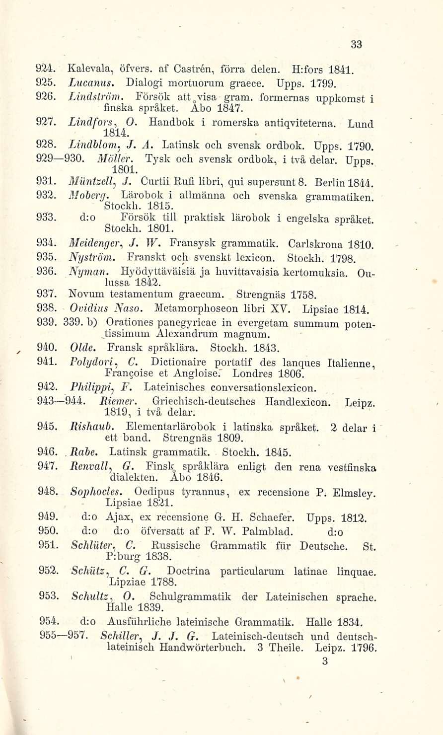 924. Kalevala, öfvers. af Castren, förra delen. H:fors 1841. 925. Lucanus. Dialogi mortuorum graece. Upps. 1799. 926. Lindström. Försök att o visa gram. formernas uppkomst i finska språket. Åbo 1847.