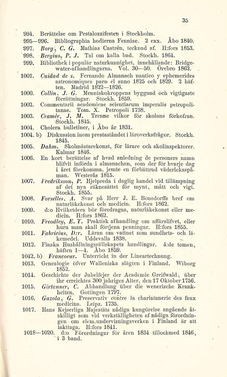 " J. A. 994. Berättelse om Pestalozzifesten i Stockholm. 995 996. Bibliographia hodiema Fenniae. 2 exx. Åbo 1840. 997. Borg, C. G. Mathias Castren, tecknad af. H:fors 1853. 998. Bergius, P. J. Tai om kalla bad.