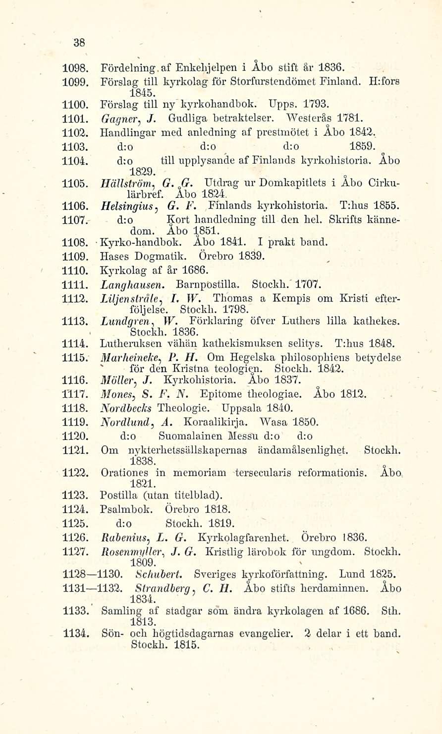 38 1098. Fördelning, af Enkehjelpen i Åbo stift är 1836. 1099. Förslag tili kyrkolag för Storfurstendömet Finland. H:fore 1845. 1100. Förslag tili ny kyrkohandbok. Upps. 1793. 1101. Gagner J.