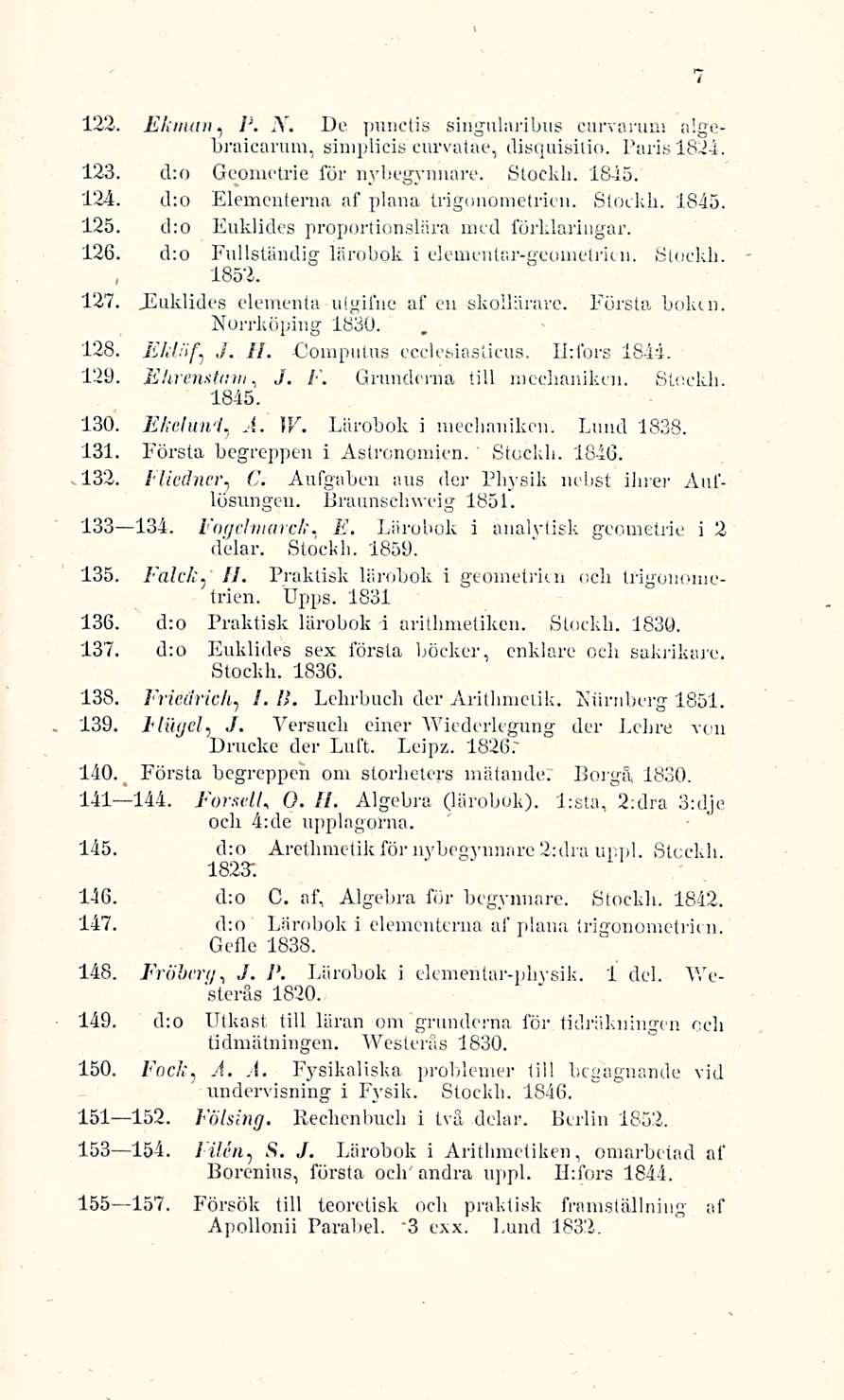 123. Ekman, P. X. De punctis singuhvribus curvarum algebraicarum, simplicis curvatae, disquisitio. Paria 1824, 123. d:o Gcomctrie för nybegynnare. Stockli. 1845. 134.