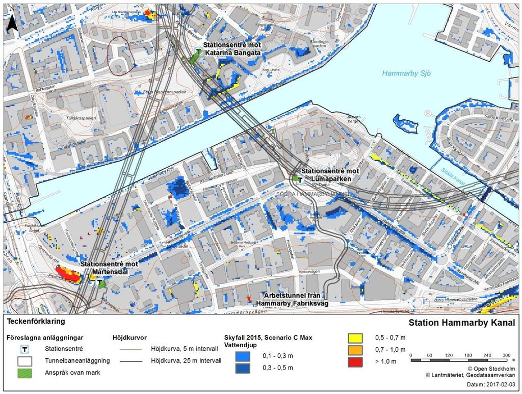 5.2 Station Hammarby Kanal Både stationsentrén mot Katarina Bangata och stationsentrén mot Lumaparken ligger på nivåer över den rekommenderade anläggningsnivån i förhållande till Östersjön om +2,7