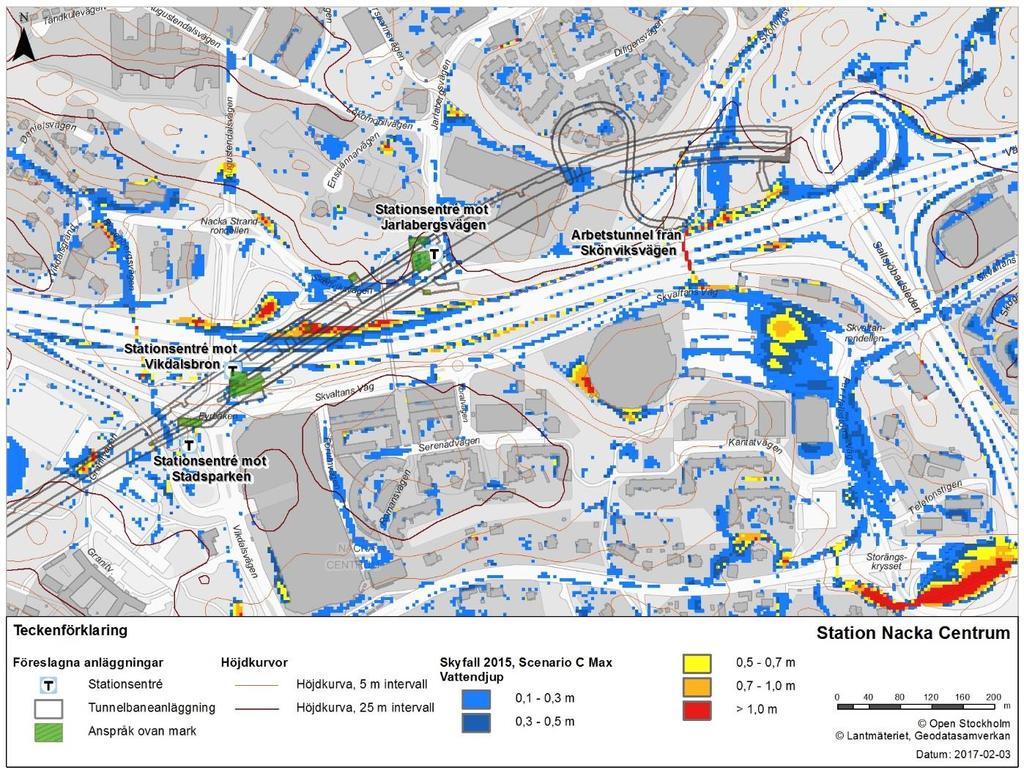 5.5 Station Nacka Centrum Entrén mot Jarlabergsvägen ligger inte i någon tydlig lågpunkt.