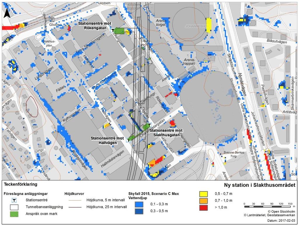 5.7 Ny station i Slakthusområdet Enligt den översiktliga lågpunktskarteringen bedöms inte någon av de tre stationsentréerna inom Slakhusområdet ligga i en lokal lågpunkt.